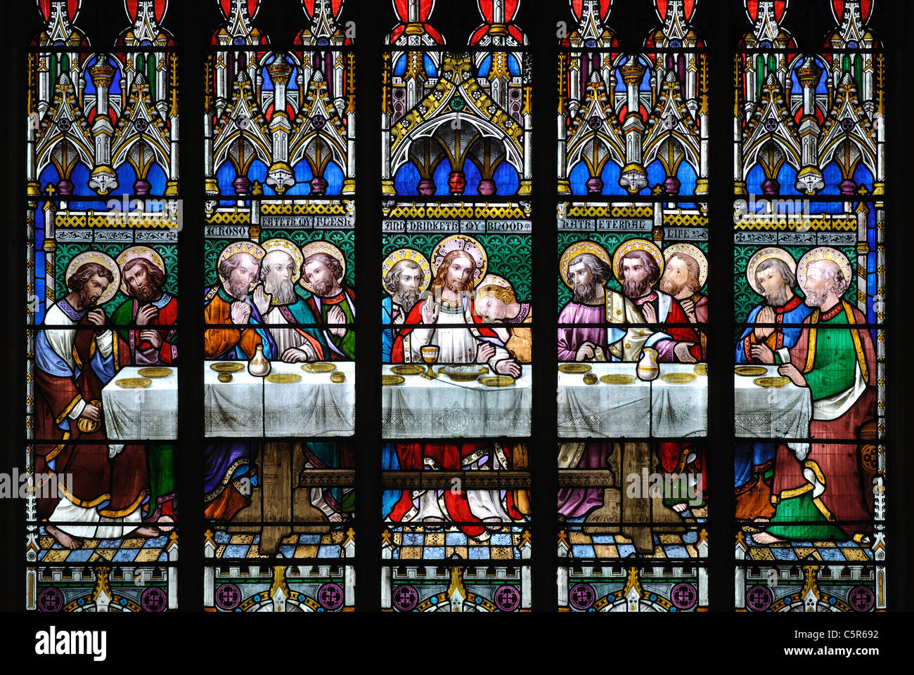 Last Supper stained glass, St. Mary`s Church, Tetbury, Gloucestershire, England, UK Stock Photo